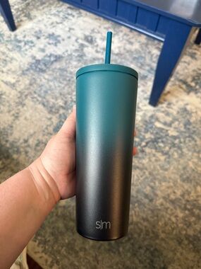 Simple Modern Ombre Teal to Black Tumbler with Straw
